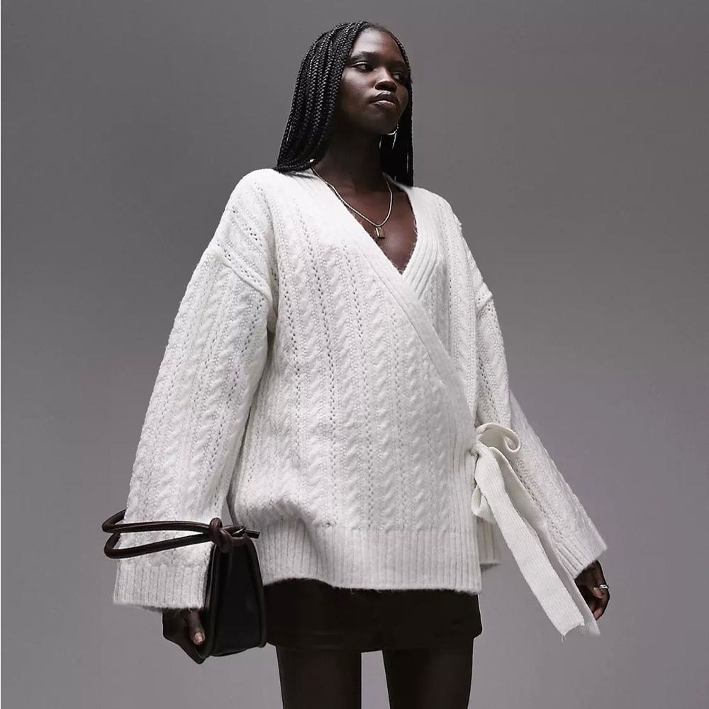 NWT Topshop Knitted Stitchy Wrap Oversized Cardigan in Ivory XL
